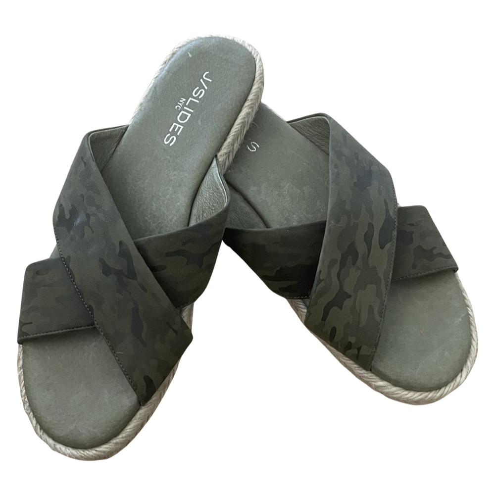 J/Slides Women's Reva Green Camo Leather Espadrilles Sandals Slides